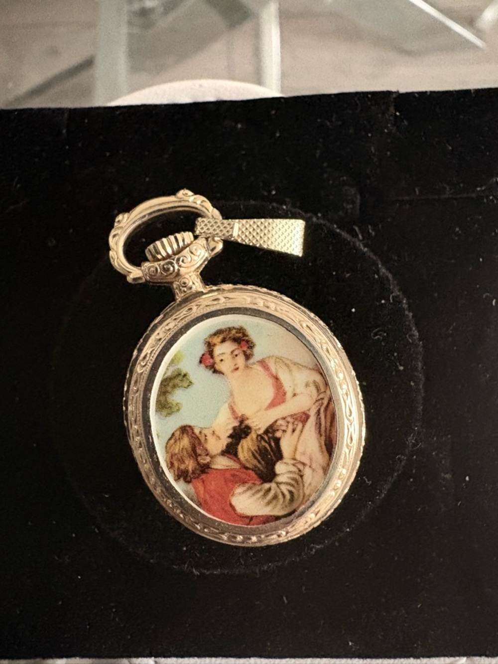 Antique Vintage Style Gold-Tone Pocket Watch Pendant with Romantic Scene -  Gold